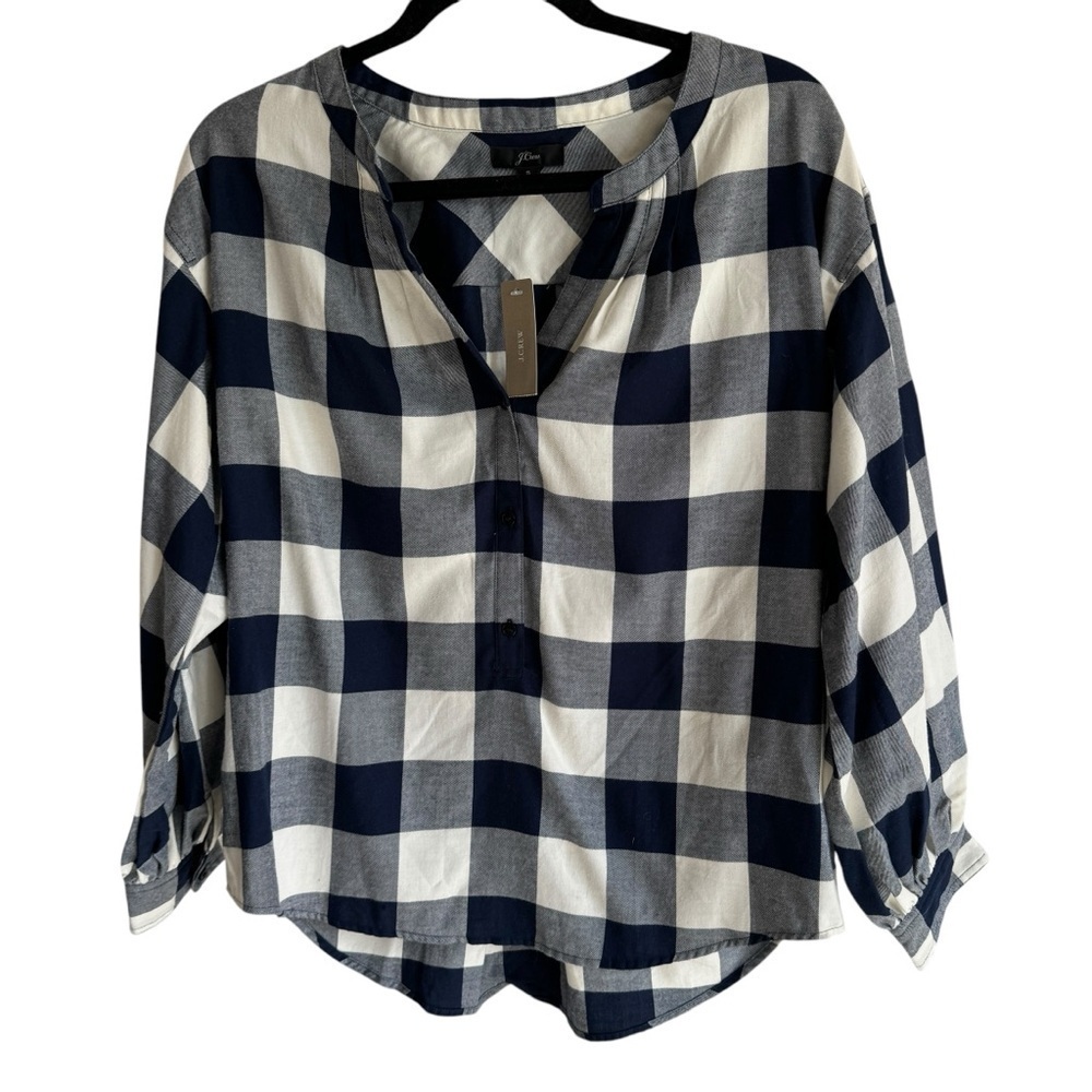 NWT J.Crew Open V-neck Shirt in Buffalo Check Flannel, Navy & Ivory, Size S